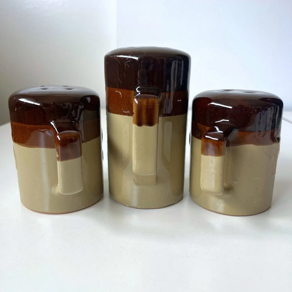 Vintage Taiwan Stoneware Salt Pepper Cheese Shaker Set Brown Tan Style 90727